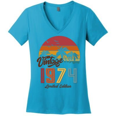 Retro Vintage Tropical Palm Trees Limited Edition 1974 50th Birthday Women's V-Neck T-Shirt