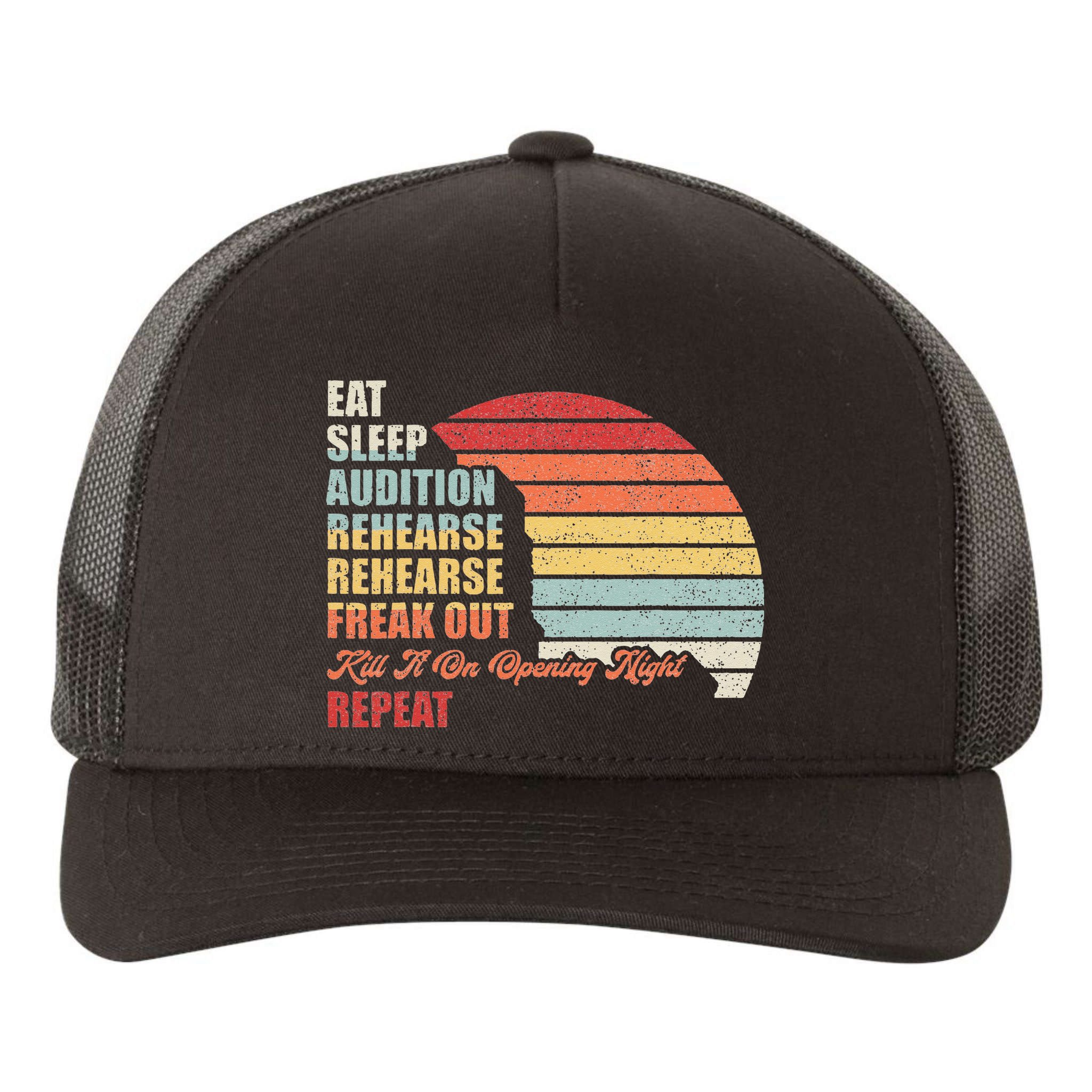 Retro Vintage Theater Geek Musical Life Eat Sleep Theatre Yupoong Adult 5-Panel Trucker Hat