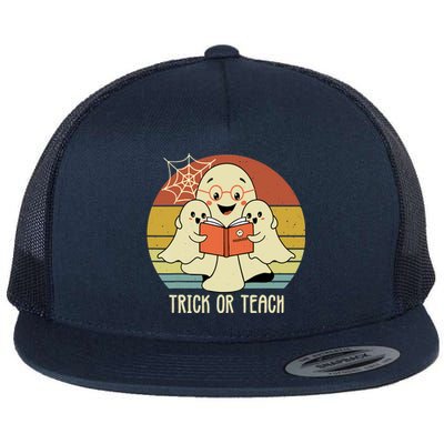 Retro Vintage Trick Or Teach Halloween Teacher Ghost Books Flat Bill Trucker Hat