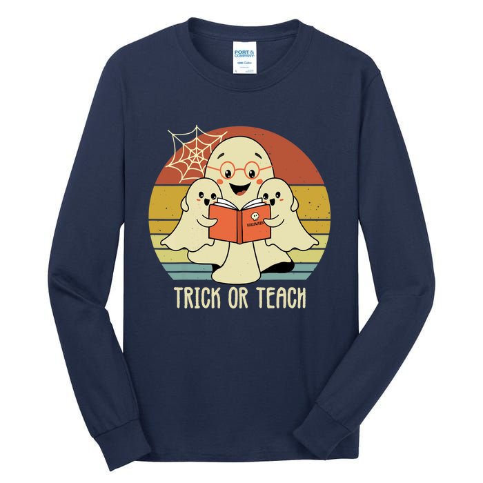 Retro Vintage Trick Or Teach Halloween Teacher Ghost Books Tall Long Sleeve T-Shirt