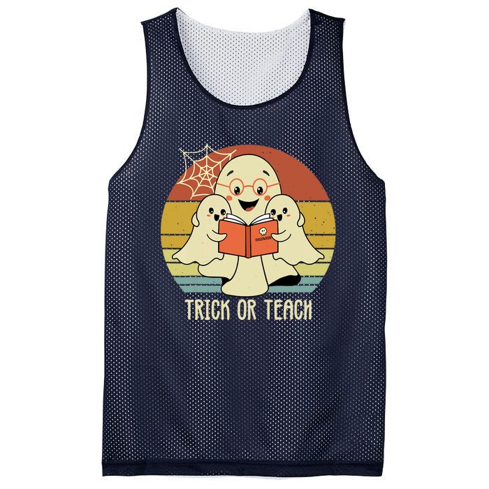 Retro Vintage Trick Or Teach Halloween Teacher Ghost Books Mesh Reversible Basketball Jersey Tank