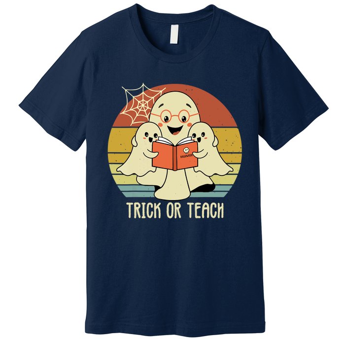 Retro Vintage Trick Or Teach Halloween Teacher Ghost Books Premium T-Shirt