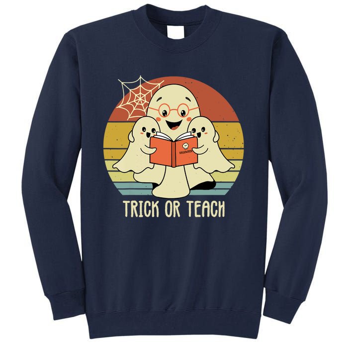 Retro Vintage Trick Or Teach Halloween Teacher Ghost Books Tall Sweatshirt