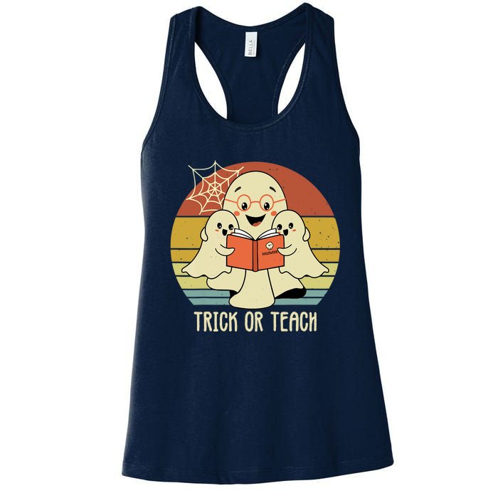 Retro Vintage Trick Or Teach Halloween Teacher Ghost Books Women's Racerback Tank