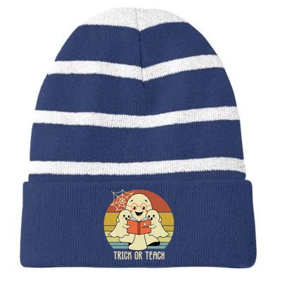 Retro Vintage Trick Or Teach Halloween Teacher Ghost Books Striped Beanie with Solid Band