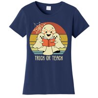 Retro Vintage Trick Or Teach Halloween Teacher Ghost Books Women's T-Shirt