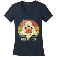 Retro Vintage Trick Or Teach Halloween Teacher Ghost Books Women's V-Neck T-Shirt