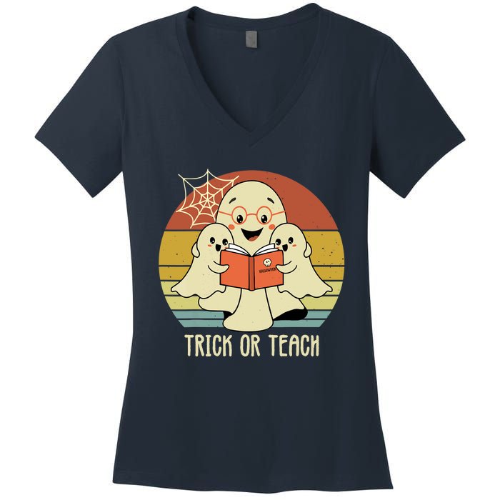 Retro Vintage Trick Or Teach Halloween Teacher Ghost Books Women's V-Neck T-Shirt