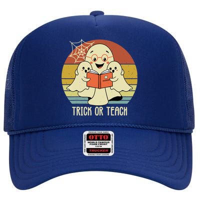 Retro Vintage Trick Or Teach Halloween Teacher Ghost Books High Crown Mesh Back Trucker Hat