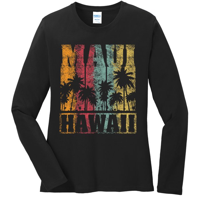 Retro Vintage Tropical Maui Hawaii Ladies Long Sleeve Shirt