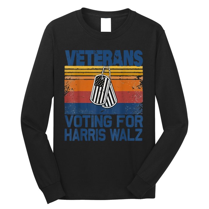 Retro Vintage Veterans Voting For Harris Walz Waltz 2024 Gift Long Sleeve Shirt