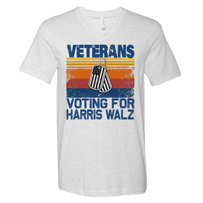 Retro Vintage Veterans Voting For Harris Walz Waltz 2024 V-Neck T-Shirt