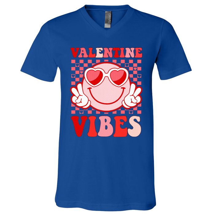 Retro Valentine Vibes Hippie Heart Valentines Day V-Neck T-Shirt