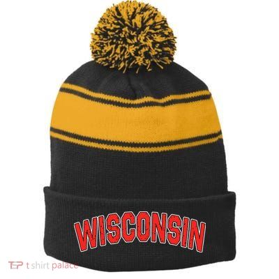 Retro Vintage Wisconsin State Wisconsin Varsity Stripe Pom Pom Beanie
