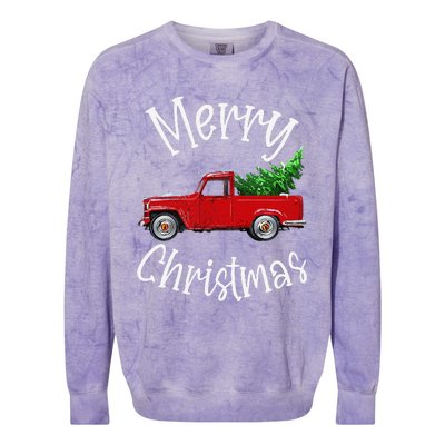 Red Vintage Wagon Tree Vacation Gift Red Truck Christmas Colorblast Crewneck Sweatshirt