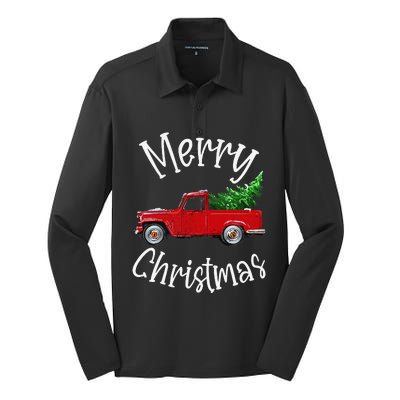 Red Vintage Wagon Tree Vacation Gift Red Truck Christmas Silk Touch Performance Long Sleeve Polo