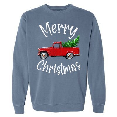 Red Vintage Wagon Tree Vacation Gift Red Truck Christmas Garment-Dyed Sweatshirt