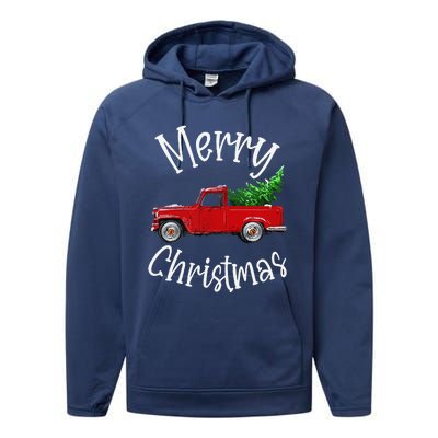 Red Vintage Wagon Tree Vacation Gift Red Truck Christmas Performance Fleece Hoodie