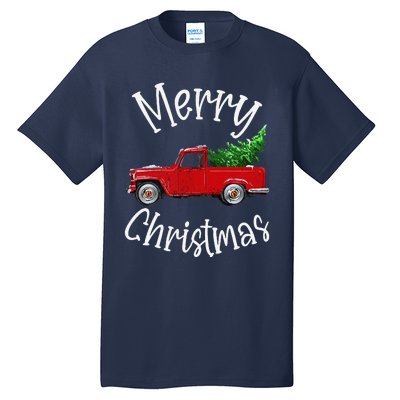 Red Vintage Wagon Tree Vacation Gift Red Truck Christmas Tall T-Shirt