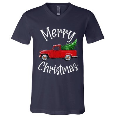 Red Vintage Wagon Tree Vacation Gift Red Truck Christmas V-Neck T-Shirt