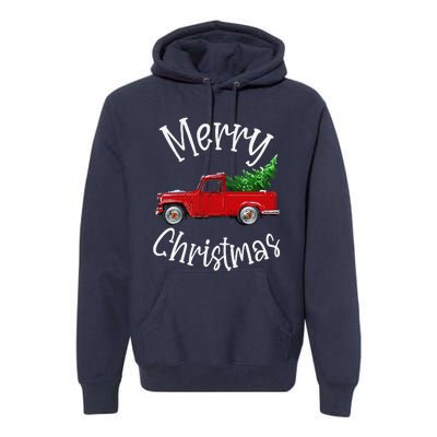 Red Vintage Wagon Tree Vacation Gift Red Truck Christmas Premium Hoodie