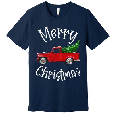 Red Vintage Wagon Tree Vacation Gift Red Truck Christmas Premium T-Shirt