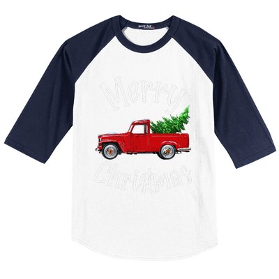 Red Vintage Wagon Tree Vacation Gift Red Truck Christmas Baseball Sleeve Shirt