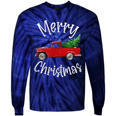 Red Vintage Wagon Tree Vacation Gift Red Truck Christmas Tie-Dye Long Sleeve Shirt