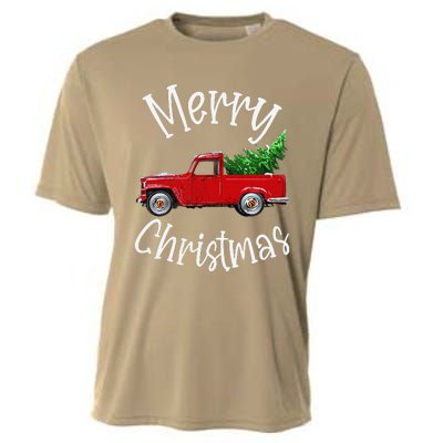 Red Vintage Wagon Tree Vacation Gift Red Truck Christmas Cooling Performance Crew T-Shirt