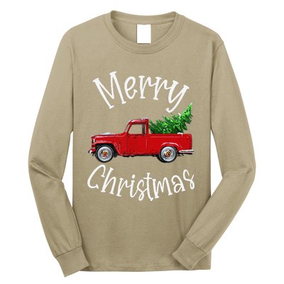 Red Vintage Wagon Tree Vacation Gift Red Truck Christmas Long Sleeve Shirt