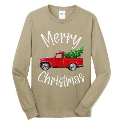 Red Vintage Wagon Tree Vacation Gift Red Truck Christmas Tall Long Sleeve T-Shirt