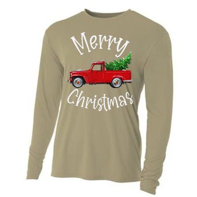 Red Vintage Wagon Tree Vacation Gift Red Truck Christmas Cooling Performance Long Sleeve Crew