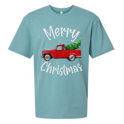 Red Vintage Wagon Tree Vacation Gift Red Truck Christmas Sueded Cloud Jersey T-Shirt