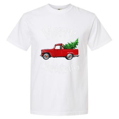 Red Vintage Wagon Tree Vacation Gift Red Truck Christmas Garment-Dyed Heavyweight T-Shirt