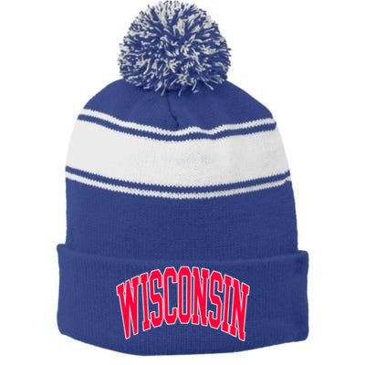 Retro Vintage Wisconsin State Distressed Souvenir Stripe Pom Pom Beanie