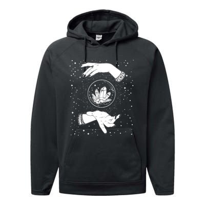 Retro Vintage Witchy Crystal Ball Witch Hands & Star Blacks Performance Fleece Hoodie