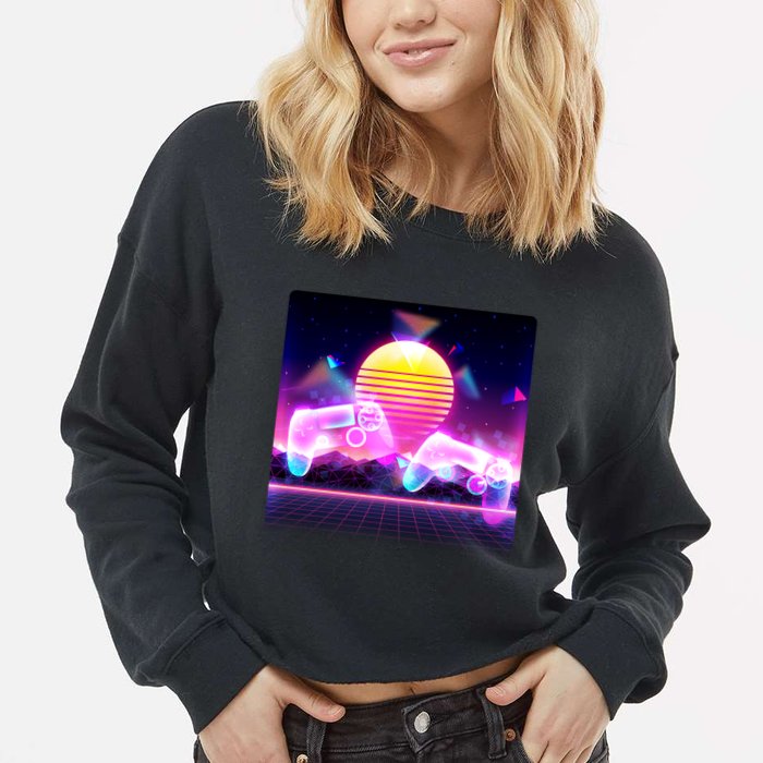 Retro Wave 80's Video Game Controllers Cropped Pullover Crew
