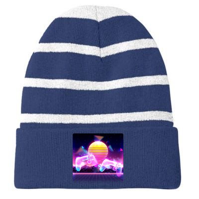 Retro Wave 80's Video Game Controllers Striped Beanie with Solid Band