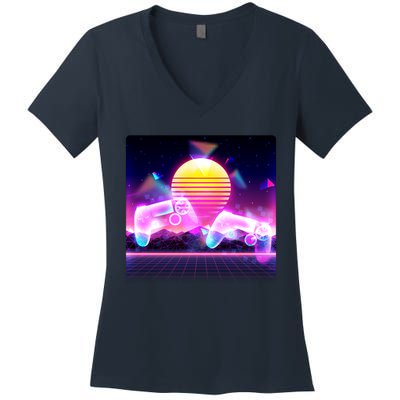 Retro Wave 80's Video Game Controllers Women's V-Neck T-Shirt