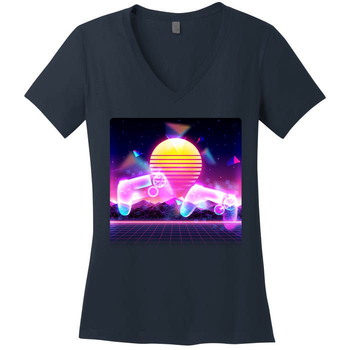 Retro Wave 80's Video Game Controllers Women's V-Neck T-Shirt