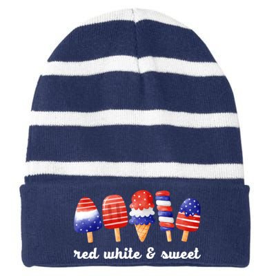 Red White And Sweet 4th Of July Striped Beanie with Solid Band