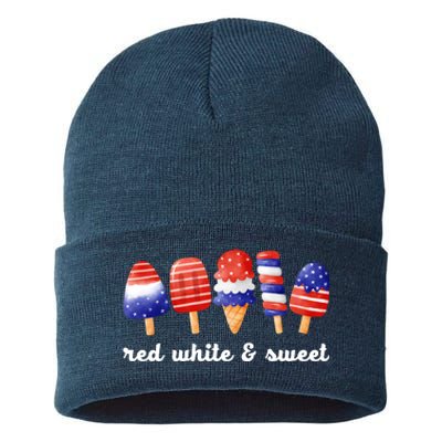 Red White And Sweet 4th Of July Sustainable Knit Beanie