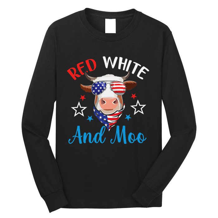 Red White And Moo 4th Of July Cow USA Flag Farmer Patriotic Long Sleeve Shirt