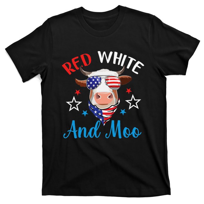 Red White And Moo 4th Of July Cow USA Flag Farmer Patriotic T-Shirt