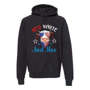 Red White And Moo 4th Of July Cow USA Flag Farmer Patriotic Premium Hoodie