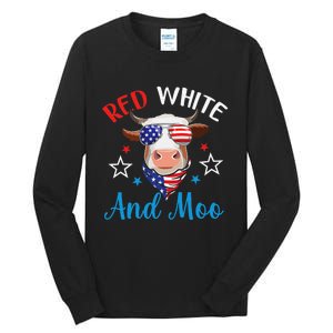 Red White And Moo 4th Of July Cow USA Flag Farmer Patriotic Tall Long Sleeve T-Shirt