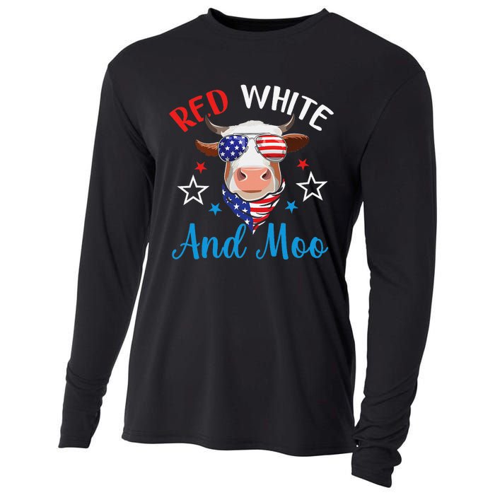 Red White And Moo 4th Of July Cow USA Flag Farmer Patriotic Cooling Performance Long Sleeve Crew