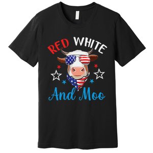 Red White And Moo 4th Of July Cow USA Flag Farmer Patriotic Premium T-Shirt