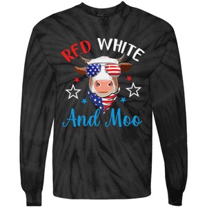 Red White And Moo 4th Of July Cow USA Flag Farmer Patriotic Tie-Dye Long Sleeve Shirt