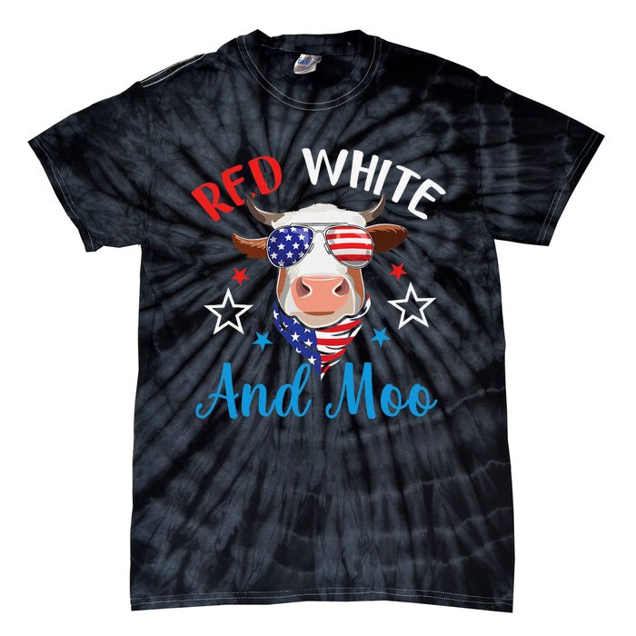 Red White And Moo 4th Of July Cow USA Flag Farmer Patriotic Tie-Dye T-Shirt